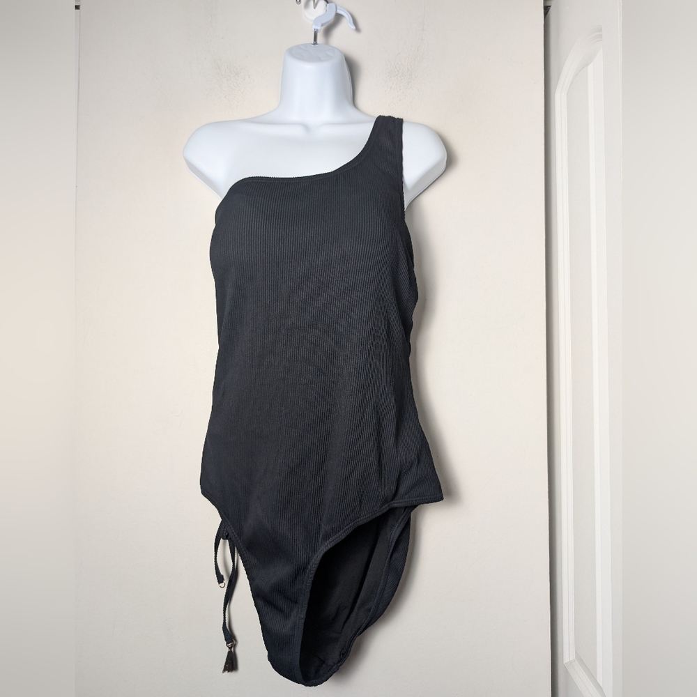 Lysa Swimsuit Ribbed Side Lace Up One Shoulder Black Sz 2x
